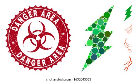 Mosaic execute icon and distressed stamp watermark with Danger Area caption and biohazard symbol. Mosaic vector is created with execute icon and with random round elements.