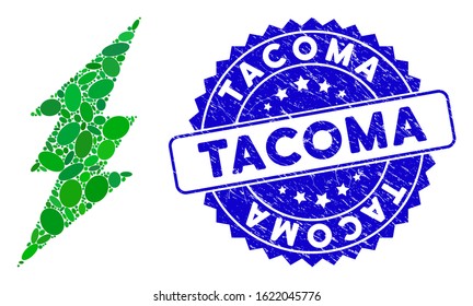 Mosaic execute icon and grunge stamp watermark with Tacoma phrase. Mosaic vector is created with execute icon and with random ellipse items. Tacoma stamp uses blue color, and grunge design.