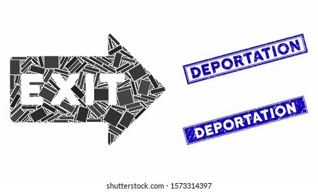 Mosaic exit arrow icon and rectangular Deportation seals. Flat vector exit arrow mosaic icon of randomized rotated rectangular items. Blue Deportation seals with dirty texture.