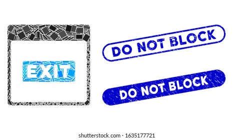 Mosaic exit caption calendar page and distressed stamp seals with Do Not Block phrase. Mosaic vector exit caption calendar page is formed with random rectangle items.