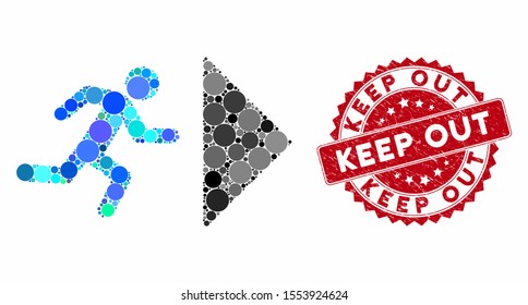 Mosaic exit direction and distressed stamp seal with Keep Out caption. Mosaic vector is formed with exit direction icon and with random round elements. Keep Out stamp seal uses red color,