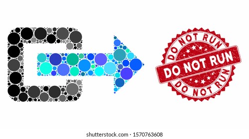 Mosaic exit direction and grunge stamp seal with Do Not Run text. Mosaic vector is created with exit direction icon and with scattered round spots. Do Not Run stamp seal uses red color,