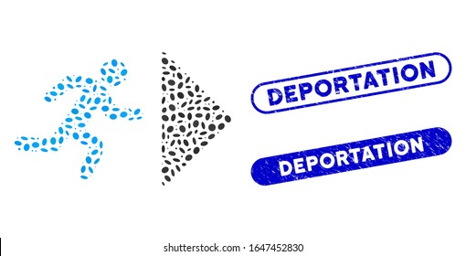 Mosaic exit direction and grunge stamp seals with Deportation phrase. Mosaic vector exit direction is created with random elliptic elements. Deportation stamp seals use blue color,