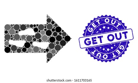 Mosaic exit direction icon and corroded stamp seal with Get Out text. Mosaic vector is designed with exit direction pictogram and with scattered circle spots. Get Out stamp seal uses blue color,
