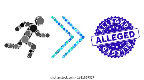 Mosaic exit direction icon and distressed stamp seal with Alleged phrase. Mosaic vector is created from exit direction icon and with scattered circle items. Alleged seal uses blue color,