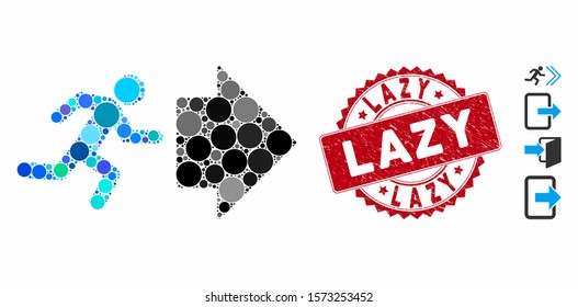 Mosaic exit direction icon and grunge stamp seal with Lazy text. Mosaic vector is composed with exit direction icon and with random spheric spots. Lazy seal uses red color, and grunge design.