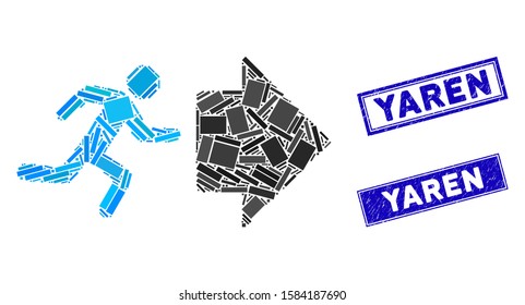 Mosaic exit direction icon and rectangular Yaren rubber prints. Flat vector exit direction mosaic icon of randomized rotated rectangle items. Blue Yaren seal stamps with rubber texture.