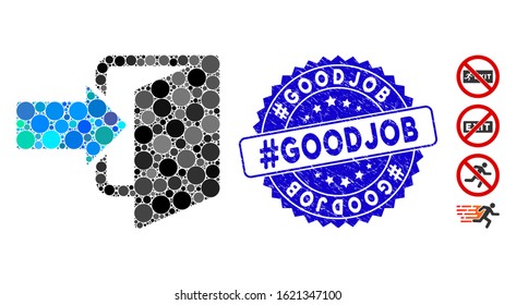 Mosaic exit door icon and corroded stamp seal with #Goodjob caption. Mosaic vector is composed with exit door icon and with randomized circle items. #Goodjob stamp seal uses blue color,