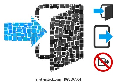 Mosaic Exit door icon organized from square items in variable sizes and color hues. Vector square items are arranged into abstract mosaic exit door icon. Bonus pictograms are added.