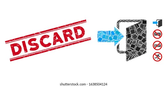 Mosaic exit door icon and red Discard seal stamp between double parallel lines. Flat vector exit door mosaic icon of random rotated rectangle elements. Red Discard stamp with distress textures.