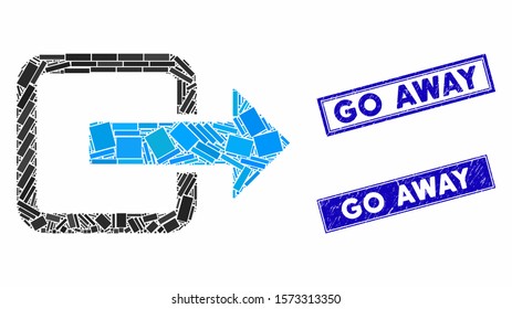 Mosaic exit door pictogram and rectangle Go Away seal stamps. Flat vector exit door mosaic pictogram of randomized rotated rectangle elements. Blue Go Away rubber stamps with scratched textures.