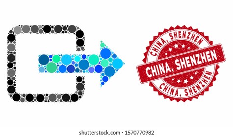 Mosaic exit door and rubber stamp watermark with China, Shenzhen phrase. Mosaic vector is formed with exit door icon and with random circle items. China, Shenzhen stamp uses red color,