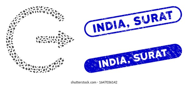 Mosaic exit and grunge stamp seals with India, Surat phrase. Mosaic vector exit is composed with randomized elliptic items. India, Surat stamp seals use blue color, and have round rectangle shape.