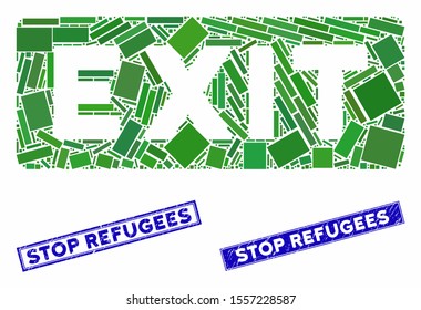 Mosaic exit label icon and rectangular seals. Flat vector exit label mosaic icon of scattered rotated rectangular items. Blue caption seals with dirty texture.