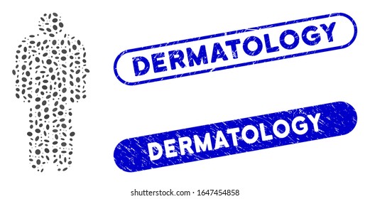 Mosaic exoskeleton and corroded stamp seals with Dermatology caption. Mosaic vector exoskeleton is composed with randomized oval dots. Dermatology stamp seals use blue color,