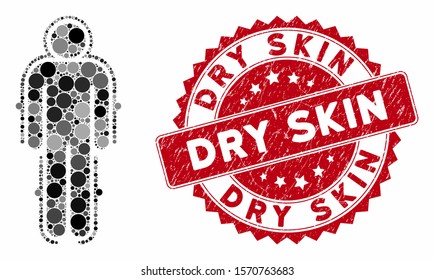 Mosaic exoskeleton skafandr and rubber stamp seal with Dry Skin text. Mosaic vector is formed from exoskeleton skafandr icon and with scattered spheric items. Dry Skin seal uses red color,