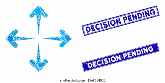 Mosaic expand arrows icon and rectangle stamps. Flat vector expand arrows mosaic icon of randomized rotated rectangle elements. Blue caption rubber stamps with grunge textures.