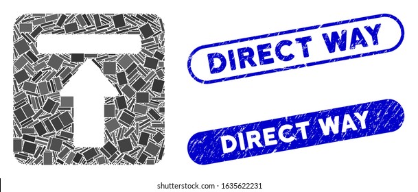 Mosaic expand menu and corroded stamp seals with Direct Way caption. Mosaic vector expand menu is designed with randomized rectangles. Direct Way stamp seals use blue color,