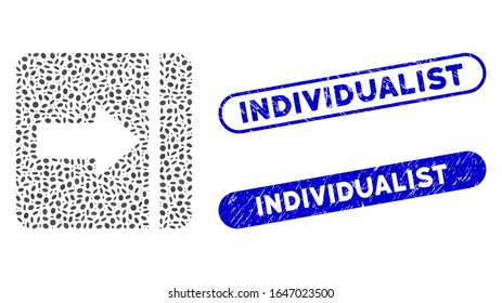 Mosaic expand menu right and grunge stamp seals with Individualist phrase. Mosaic vector expand menu right is designed with scattered oval parts. Individualist seals use blue color,