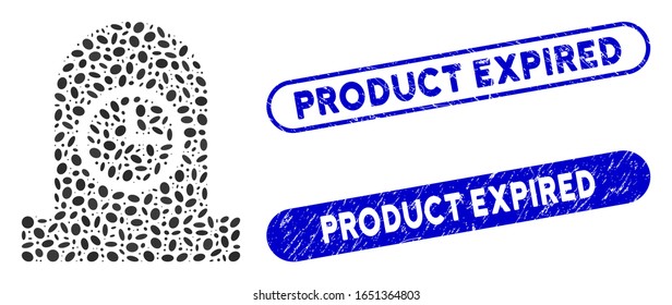 Mosaic expired grave and distressed stamp seals with Product Expired caption. Mosaic vector expired grave is composed with randomized ellipse spots. Product Expired seals use blue color,