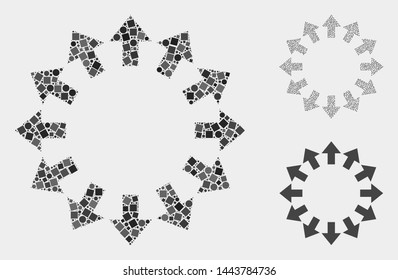 Mosaic Explode arrows icon organized from round and square items in random sizes, positions and proportions. Vector round and square items are grouped into abstract collage explode arrows icons.