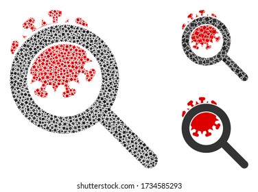 Mosaic Explore coronavirus icon organized from inequal spots in variable sizes, positions and proportions. Vector unequal spots are organized into abstract mosaic explore coronavirus icon.