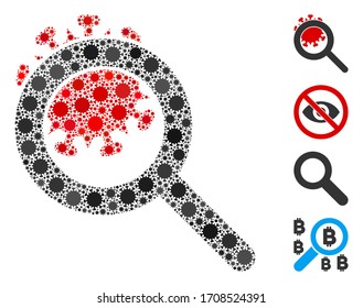Mosaic explore coronavirus organized from coronavirus items in various sizes and color hues. Vector pathogen icons are organized into abstract mosaic explore coronavirus icon.