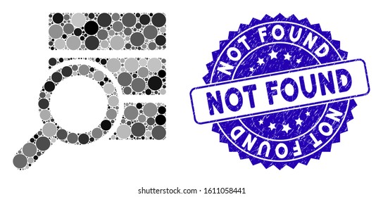 Mosaic explore database icon and distressed stamp seal with Not Found text. Mosaic vector is composed with explore database icon and with randomized circle spots. Not Found seal uses blue color,