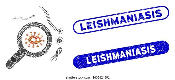 Mosaic explore microbes and grunge stamp seals with Leishmaniasis text. Mosaic vector explore microbes is composed with scattered rectangle items. Leishmaniasis seals use blue color,