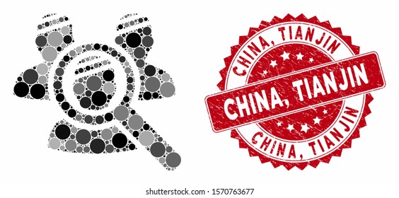 Mosaic explore patients and grunge stamp seal with China, Tianjin text. Mosaic vector is formed with explore patients icon and with random spheric spots. China, Tianjin stamp uses red color,