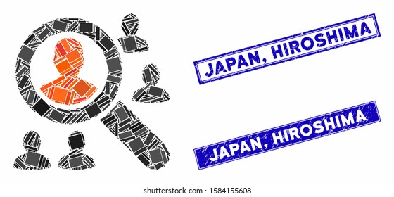 Mosaic explore patients icon and rectangle Japan, Hiroshima seal stamps. Flat vector explore patients mosaic icon of randomized rotated rectangle elements. Blue Japan,