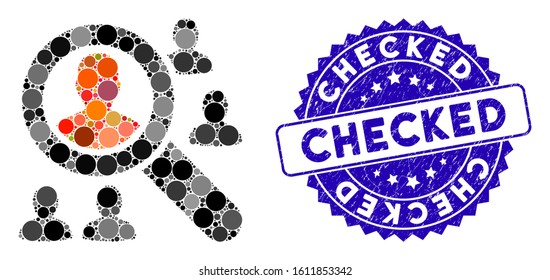 Mosaic explore patients icon and rubber stamp seal with Checked phrase. Mosaic vector is created with explore patients pictogram and with randomized circle spots. Checked stamp seal uses blue color,