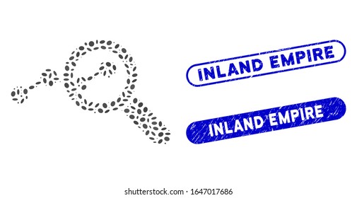 Mosaic Explore Stats And Distressed Stamp Watermarks With Inland Empire Phrase. Mosaic Vector Explore Stats Is Formed With Scattered Elliptic Pieces. Inland Empire Stamp Seals Use Blue Color,