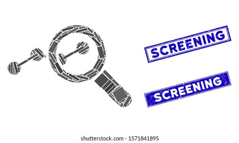 Mosaic explore stats icon and rectangle Screening watermarks. Flat vector explore stats mosaic icon of scattered rotated rectangle items. Blue Screening rubber stamps with scratched surface.