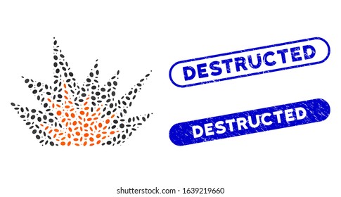 Mosaic explosion boom and corroded stamp watermarks with Destructed caption. Mosaic vector explosion boom is formed with randomized elliptic pieces. Destructed stamp seals use blue color,