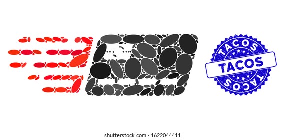 Mosaic express banking card icon and distressed stamp watermark with Tacos phrase. Mosaic vector is composed with express banking card icon and with scattered ellipse elements.