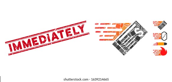 Mosaic express cheque icon and red Immediately seal stamp between double parallel lines. Flat vector express cheque mosaic icon of scattered rotated rectangular items.