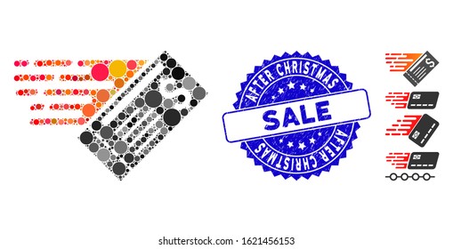 Mosaic express cheque icon and rubber stamp seal with After Christmas Sale caption. Mosaic vector is created with express cheque pictogram and with random round elements.