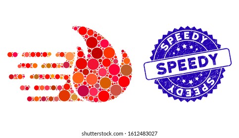 Mosaic express fire icon and grunge stamp seal with Speedy text. Mosaic vector is designed from express fire icon and with scattered round elements. Speedy stamp seal uses blue color,