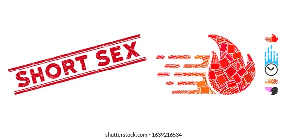Mosaic express fire pictogram and red Short Sex stamp between double parallel lines. Flat vector express fire mosaic pictogram of random rotated rectangle elements.