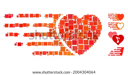 Mosaic Express love heart icon united from square elements in variable sizes and color hues. Vector square items are united into abstract mosaic express love heart icon. Bonus pictograms are added.