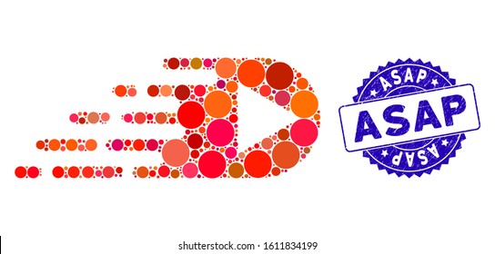 Mosaic express right direction icon and rubber stamp seal with Asap caption. Mosaic vector is formed with express right direction icon and with randomized circle items. Asap stamp uses blue color,