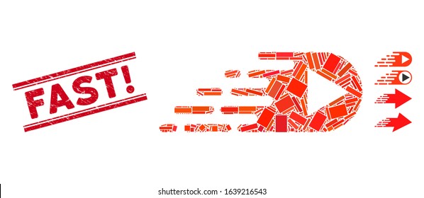 Mosaic express right direction icon and red Fast! seal stamp between double parallel lines. Flat vector express right direction mosaic pictogram of random rotated rectangular elements.