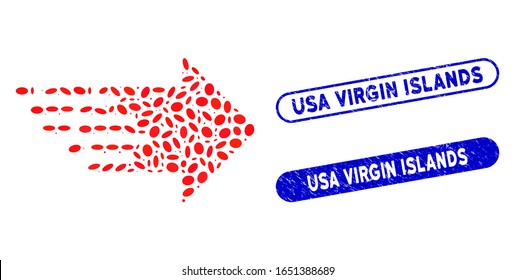 Mosaic express right movement and rubber stamp seals with USA Virgin Islands phrase. Mosaic vector express right movement is formed with random ellipse spots.