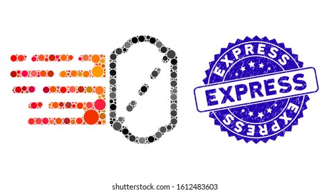 Mosaic express ticket icon and distressed stamp seal with Express phrase. Mosaic vector is formed with express ticket icon and with randomized round elements. Express stamp seal uses blue color,