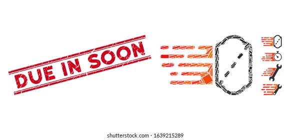 Mosaic express ticket icon and red Due in Soon seal between double parallel lines. Flat vector express ticket mosaic icon of randomized rotated rectangle elements.