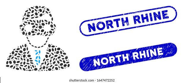 Mosaic extended reality and corroded stamp seals with North Rhine text. Mosaic vector extended reality is formed with scattered elliptic items. North Rhine stamp seals use blue color,