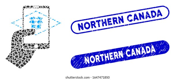 Mosaic extended reality and rubber stamp seals with Northern Canada caption. Mosaic vector extended reality is composed with random elliptic elements. Northern Canada stamp seals use blue color,