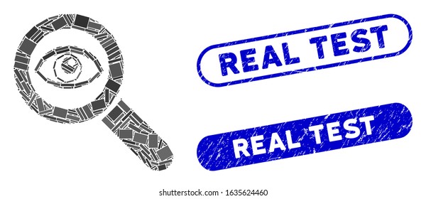 Mosaic eye explore and rubber stamp seals with Real Test text. Mosaic vector eye explore is formed with randomized rectangle items. Real Test stamp seals use blue color,