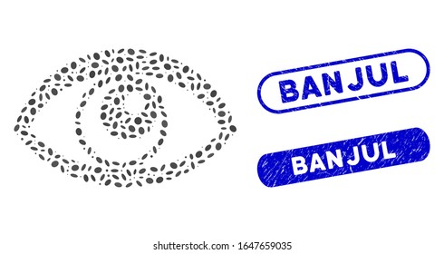 Mosaic eye and grunge stamp seals with Banjul caption. Mosaic vector eye is designed with scattered oval items. Banjul stamp seals use blue color, and have round rectangle shape.